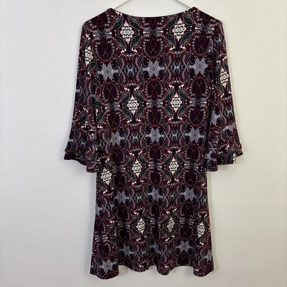 Chicos 1P Dress Maroon Purple Floral Geometric Flare‎ Bell Sleeve Stretch Brunch